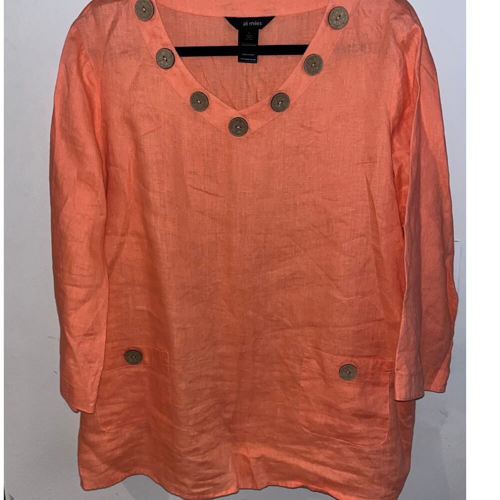 Ali Miles 100% Linen Tunic Top Women’s L Coral Orange Button 3/4 Sleeve (384)